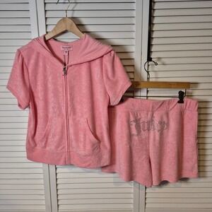 Juicy Couture Flamingo Pink Terry Cloth Short Sleeve Hoodie Shorts‎ Set L NWT